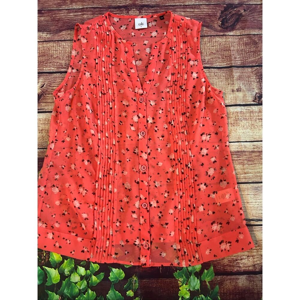 CAbi Orange Floral Sleeveless Blouse Size S